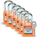 Brady BradyÂ Lockout Padlock, Keyed Differently, 1-1/2", Plastic/Steel, Orange, 6/Pack 51347